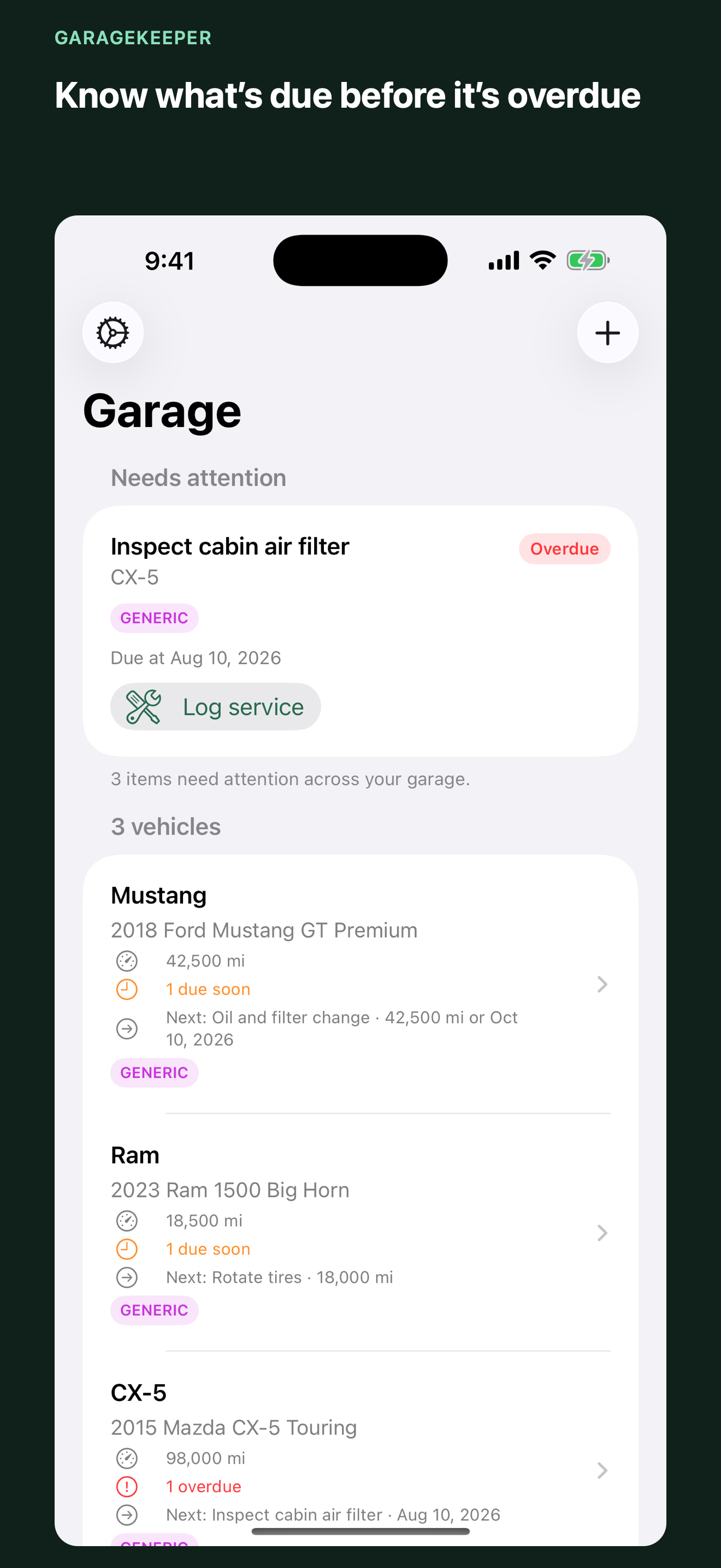 GarageKeeper dashboard showing maintenance that needs attention and the next upcoming service