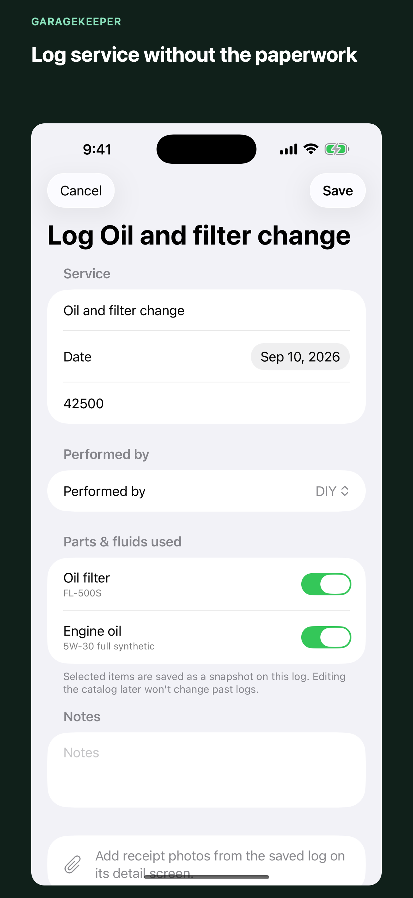 GarageKeeper service log form for recording work, mileage, cost, and notes