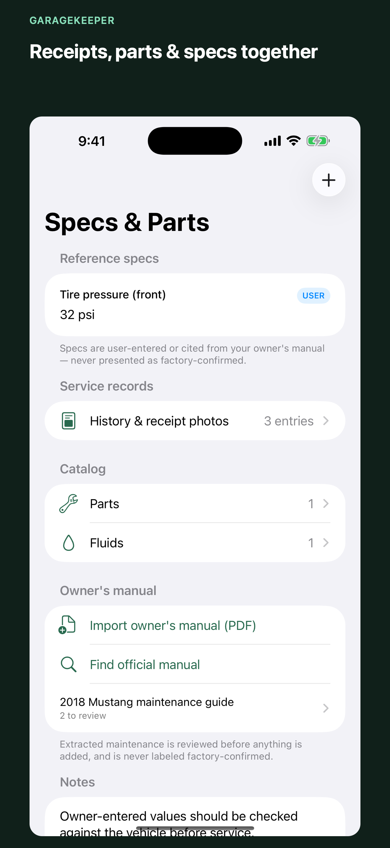 GarageKeeper vehicle reference screen with receipts, parts, fluids, and specifications