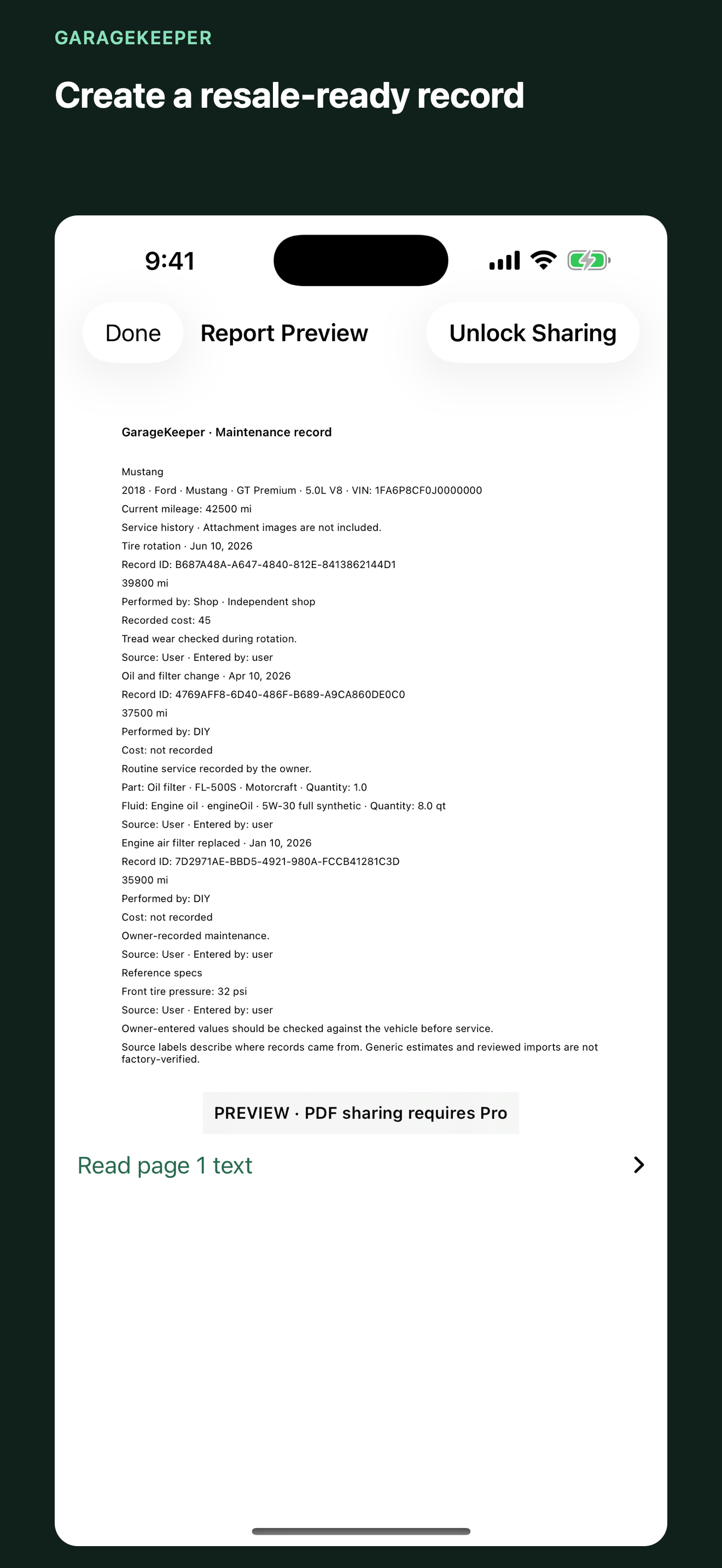 GarageKeeper preview of a polished vehicle maintenance report available to share with Pro