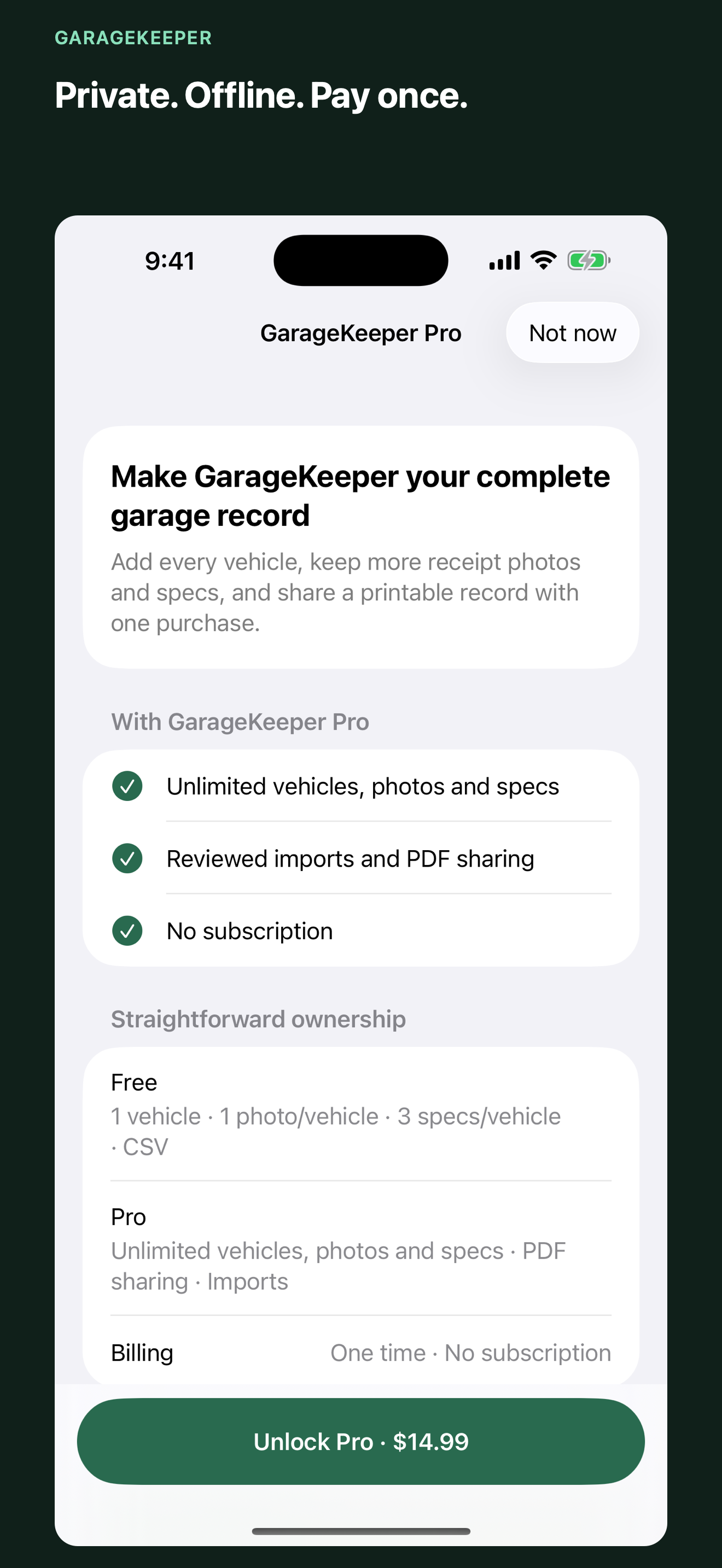 GarageKeeper Pro screen explaining its one-time purchase and local-first design
